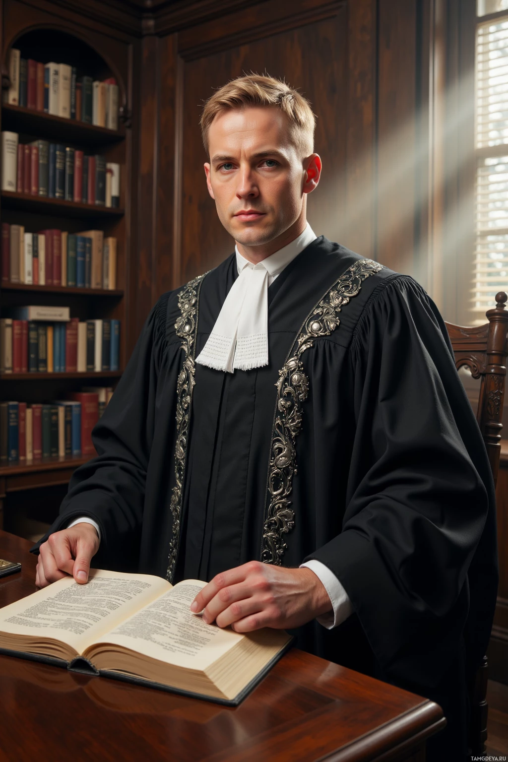 A person in a formal judicial robe stands beside an open book, in a room with bookshelves.
