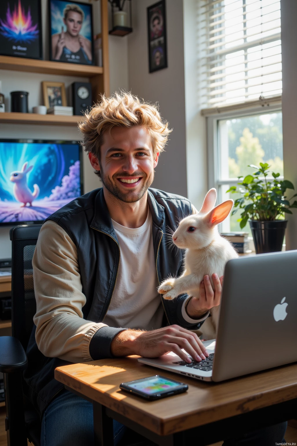 A man sits at a desk with a laptop, holding a white rabbit while smiling.
