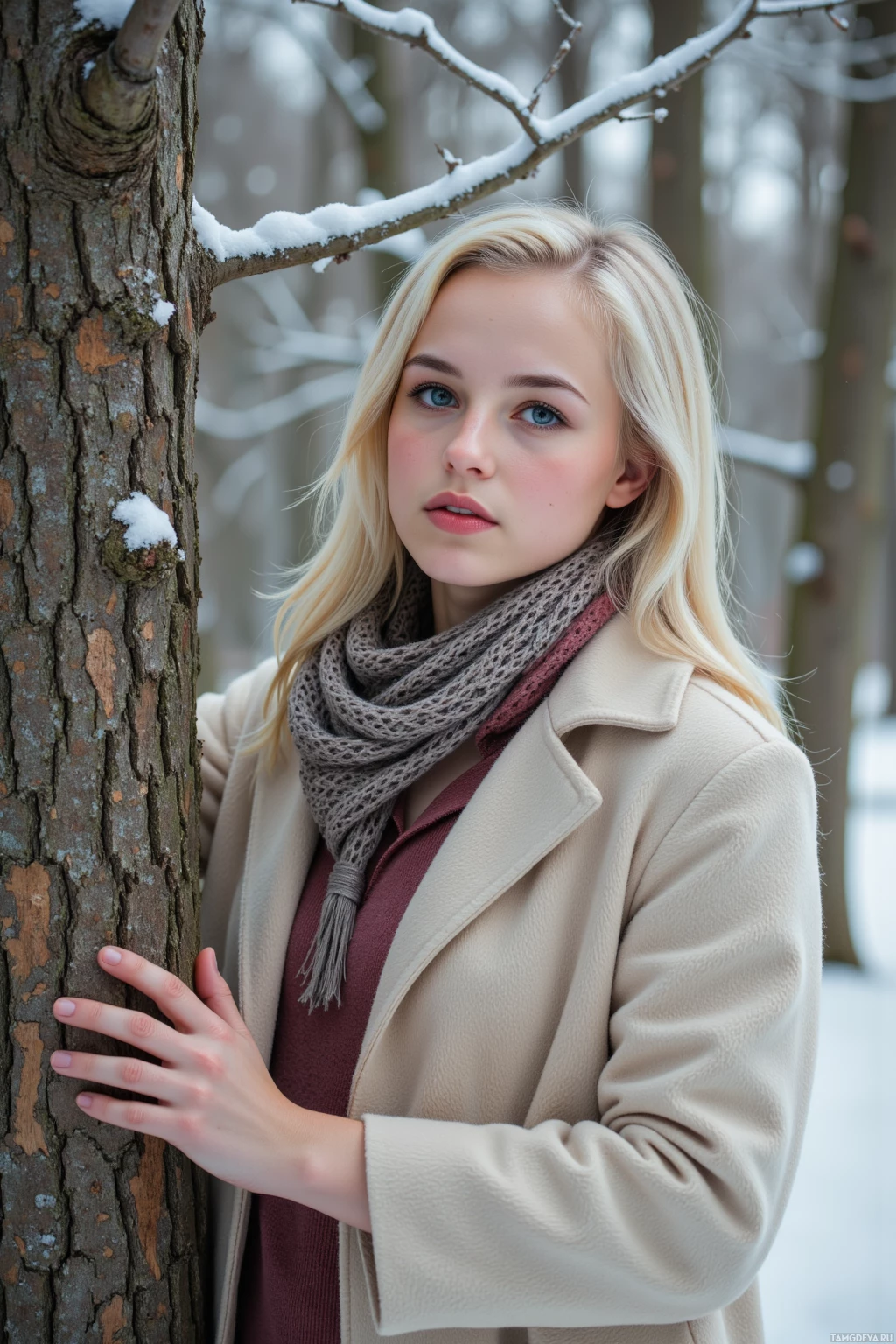 A person with long blonde hair wearing a beige coat and scarf stands beside a tree in a snowy forest.