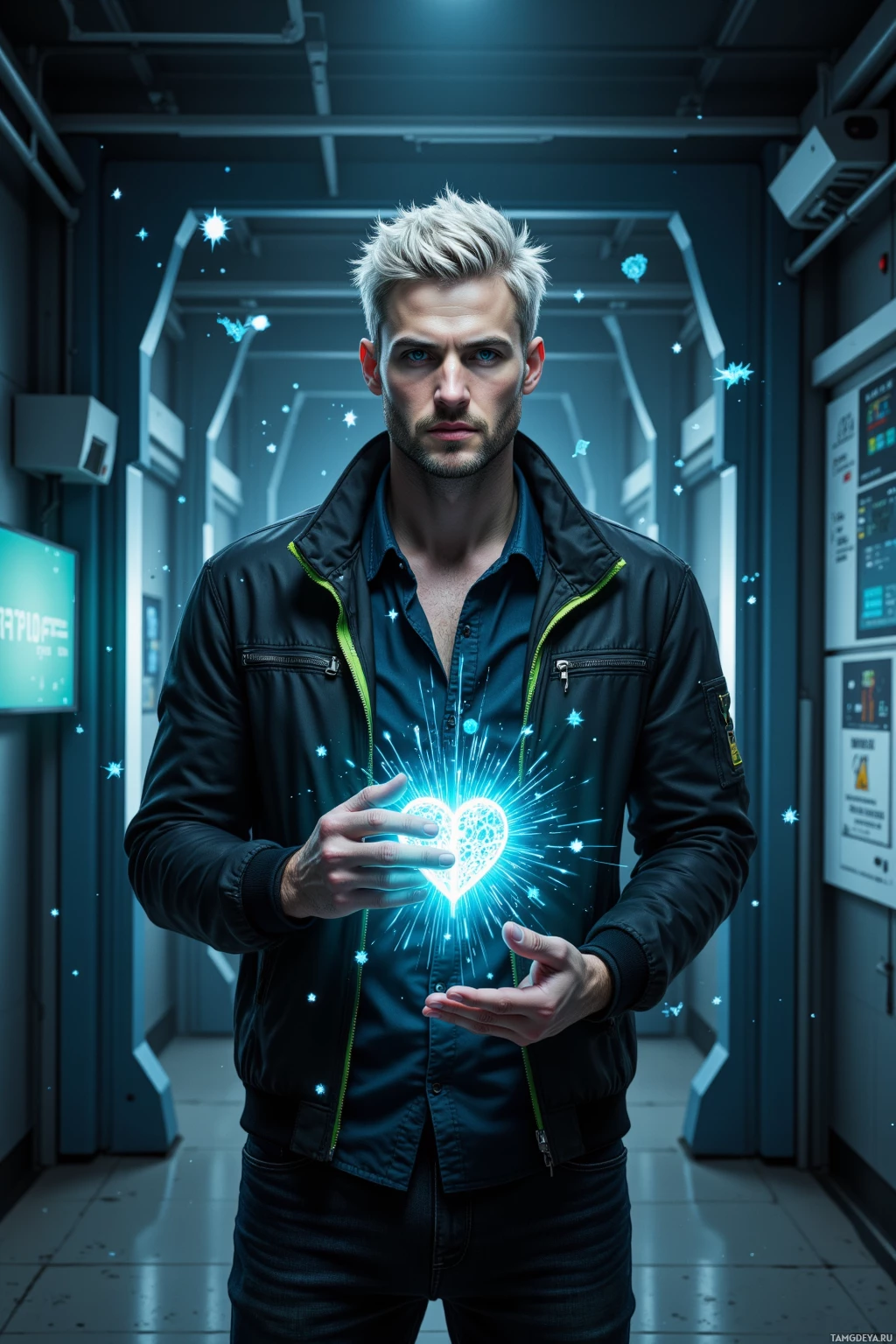 A man in a futuristic setting holds a glowing heart in his hands.