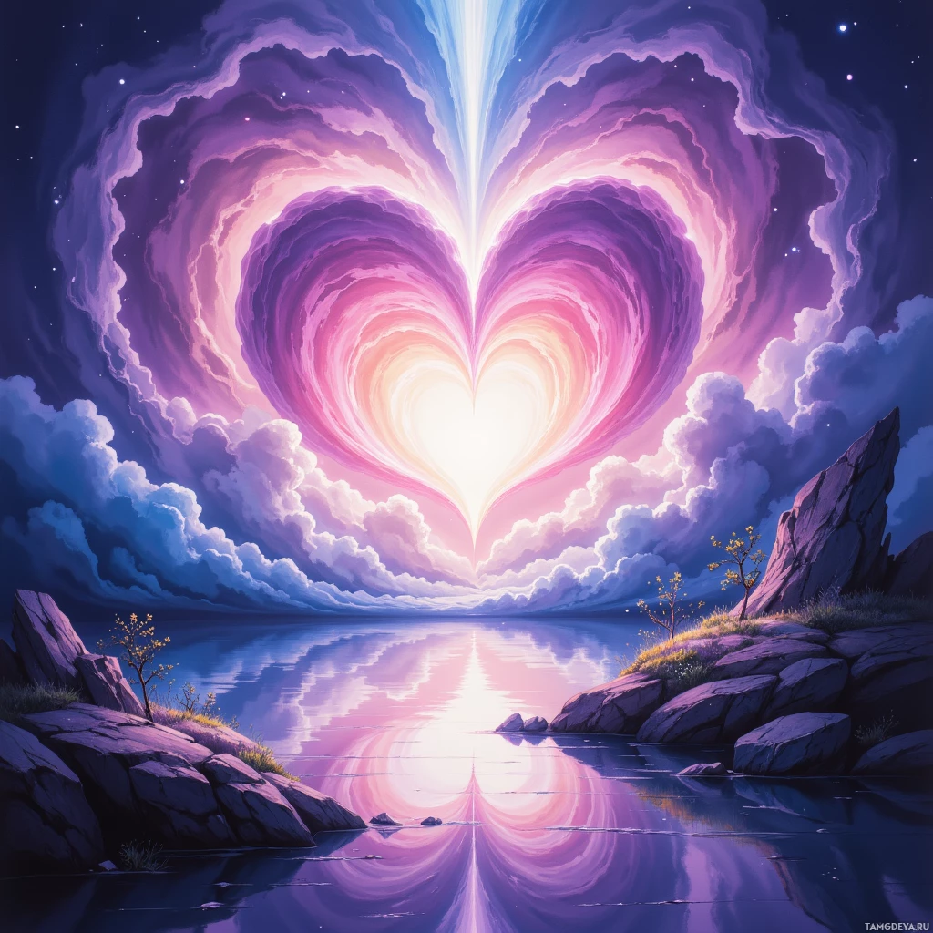 A heart-shaped cloud formation glows brightly over a serene landscape with rocks and a calm body of water.
