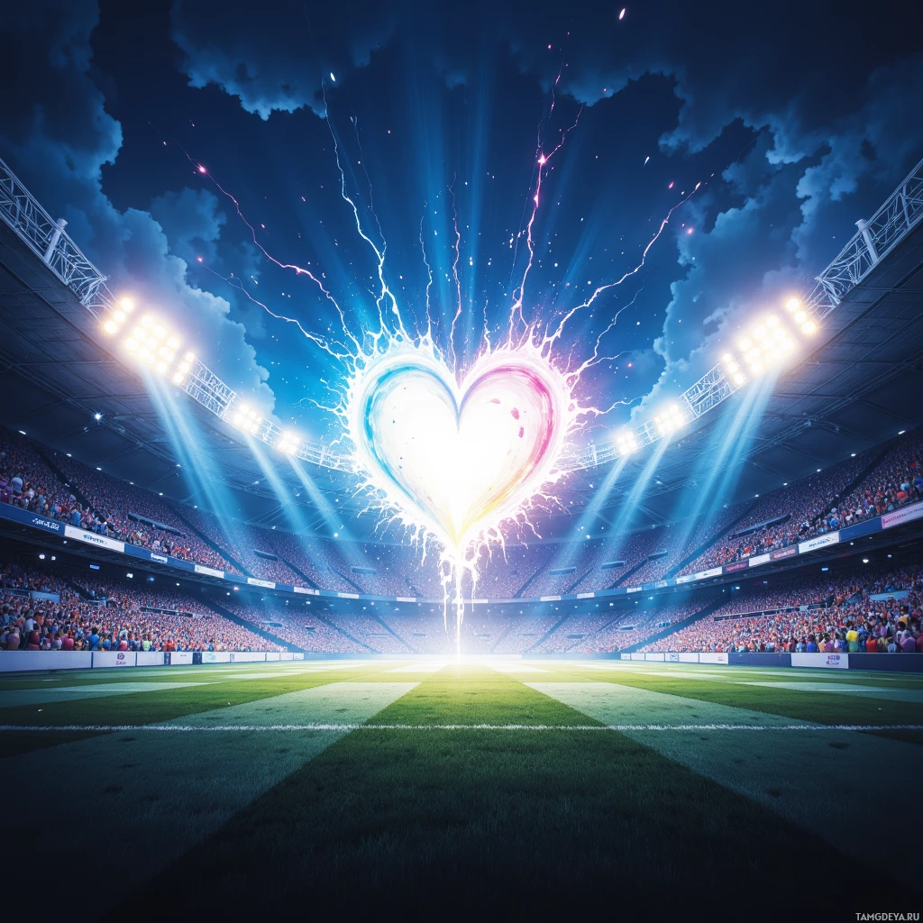 A vibrant stadium scene with a glowing heart at the center, surrounded by bright lights and a cheering crowd.