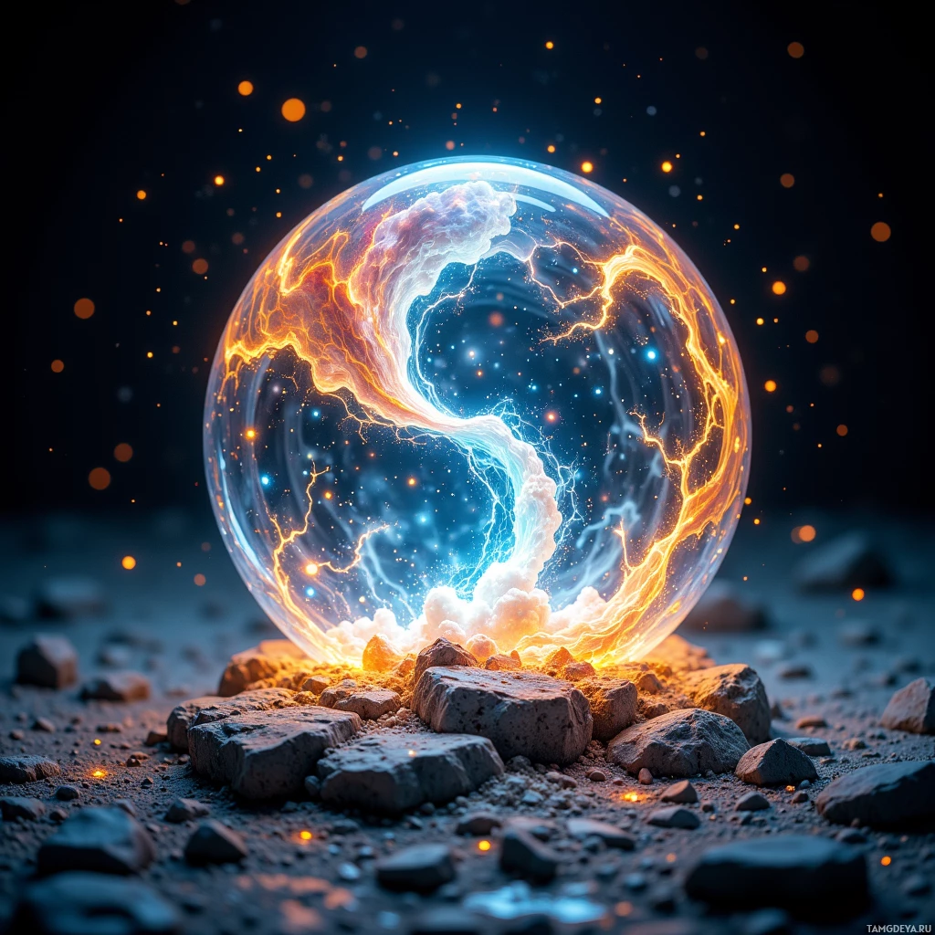 A glowing, electric sphere rests on rocky ground, emitting vibrant light and energy.