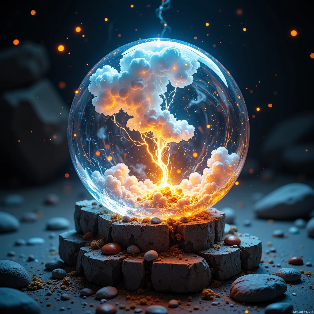 A glowing, ethereal tree inside a glass sphere surrounded by glowing particles and rocks.