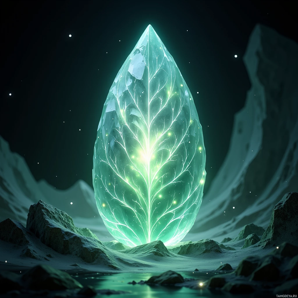 A glowing, ethereal crystal formation stands prominently in a dark, starry landscape.