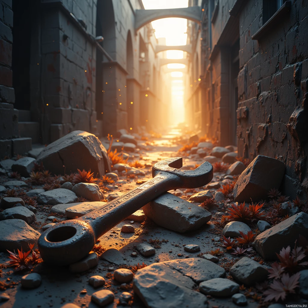A rustic alleyway with a large wrench lying on the ground, bathed in the warm glow of a setting sun.