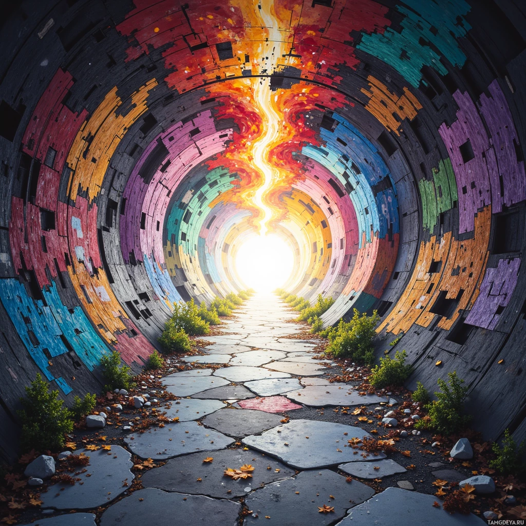 A vibrant, circular tunnel with colorful segments and a bright light at the end.