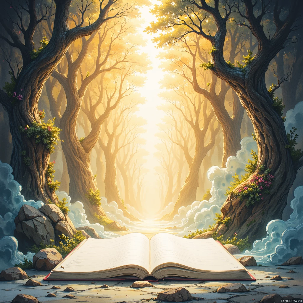 An open book lies on a stone path, surrounded by a mystical forest with glowing light filtering through the trees.