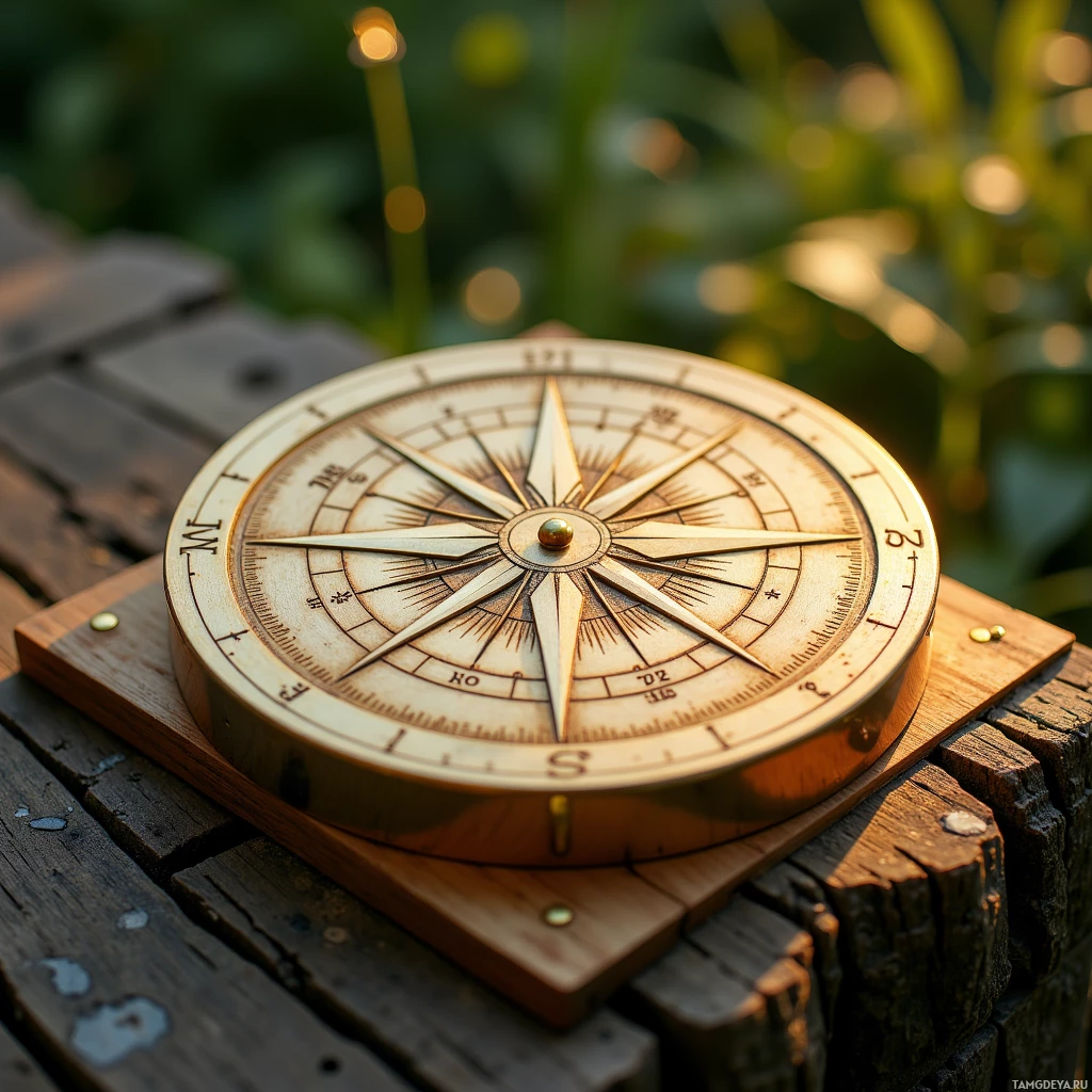 A wooden compass with a brass needle rests on a wooden surface outdoors.