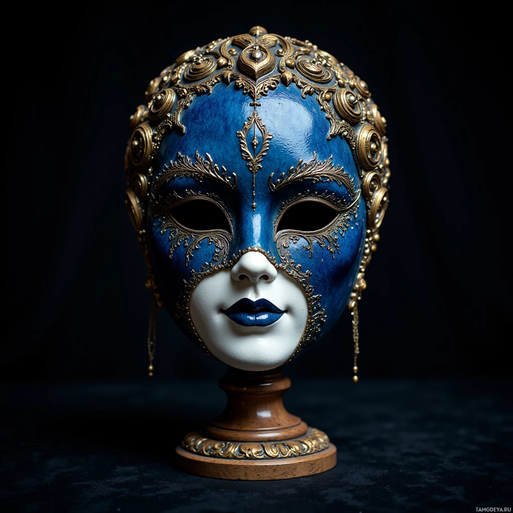 A blue and gold ornate mask displayed on a wooden stand against a dark background.