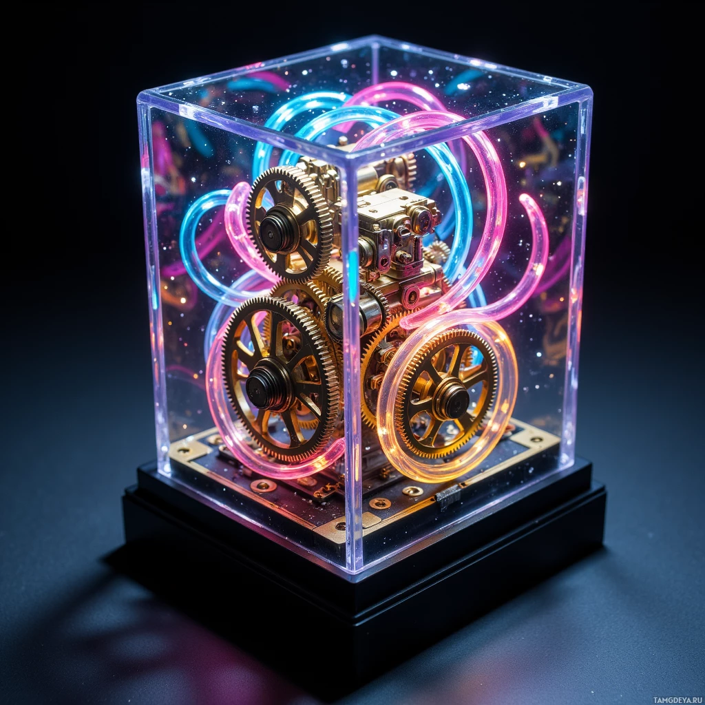 A transparent cube encasing intricate golden gears and glowing neon lights.
