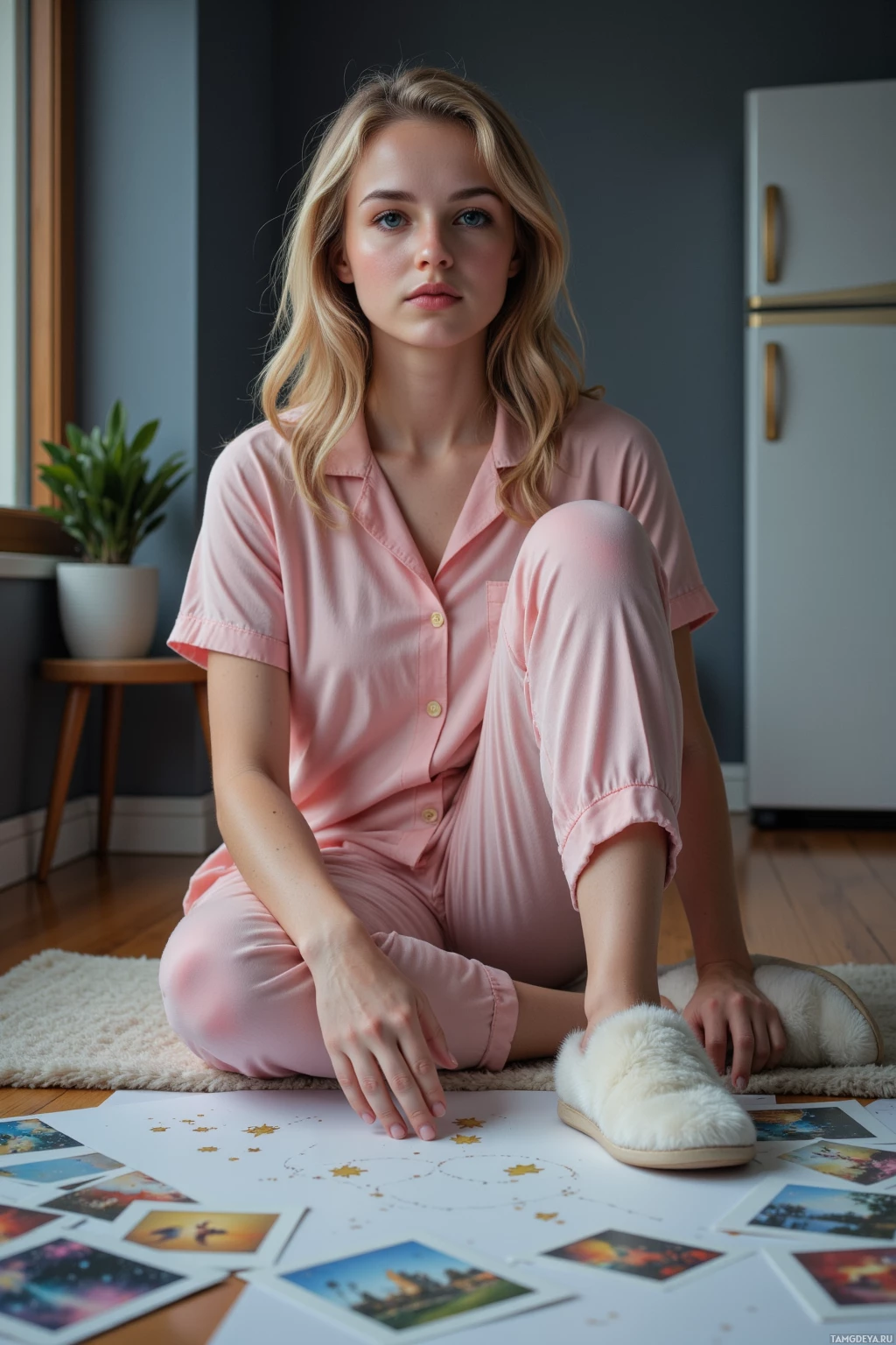 A person in pink pajamas sits on a rug, surrounded by scattered photographs.