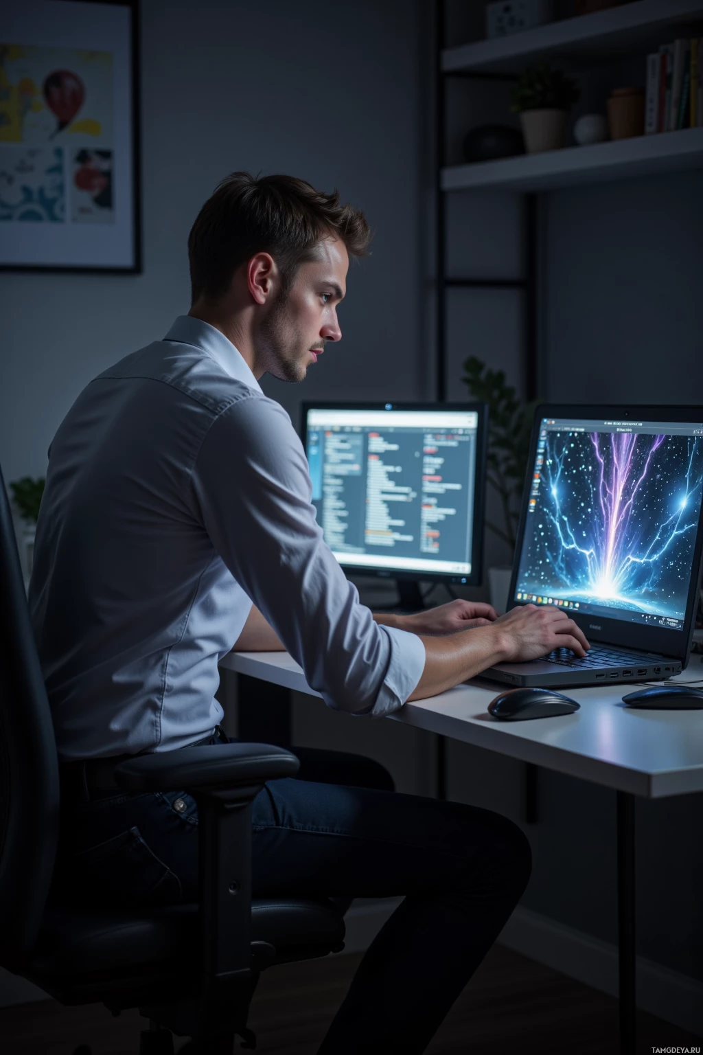 A person is working at a desk with a laptop and a monitor displaying code.