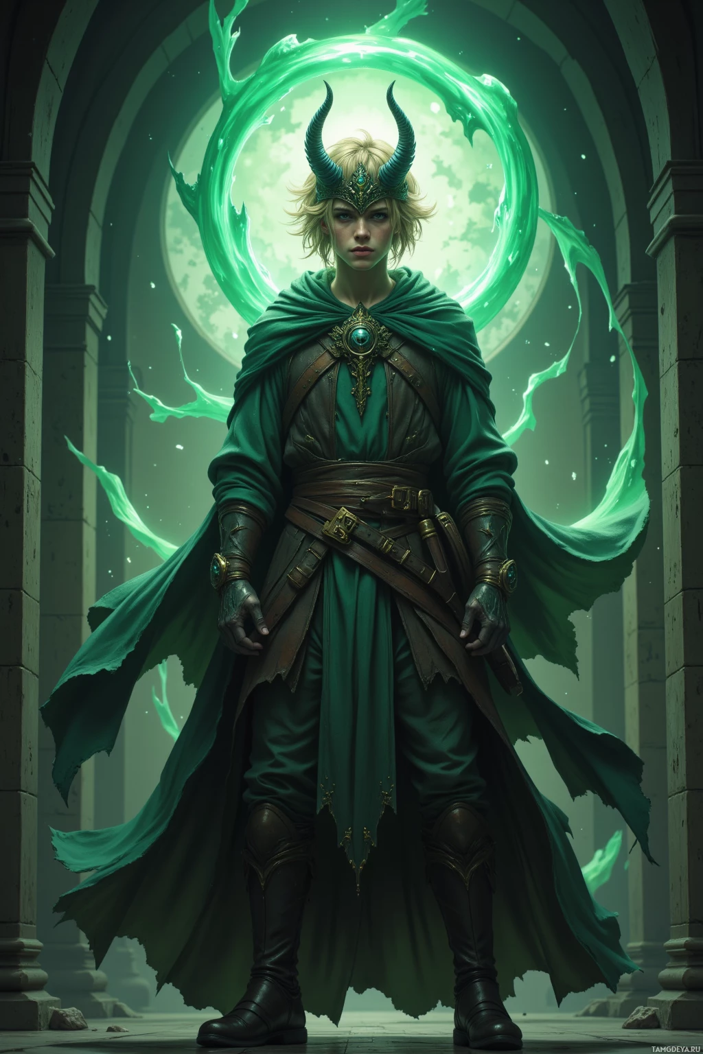 A figure in a green cloak and armor stands in a dimly lit archway, surrounded by glowing green energy.