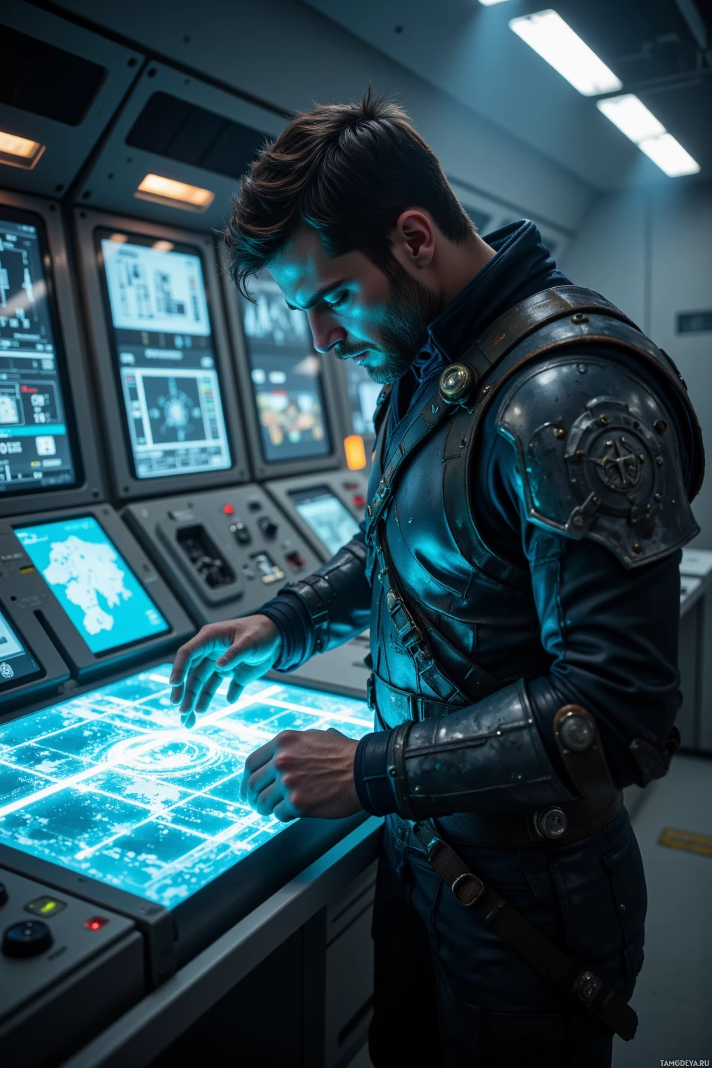 A man in futuristic armor operates a high-tech control panel in a dimly lit room.