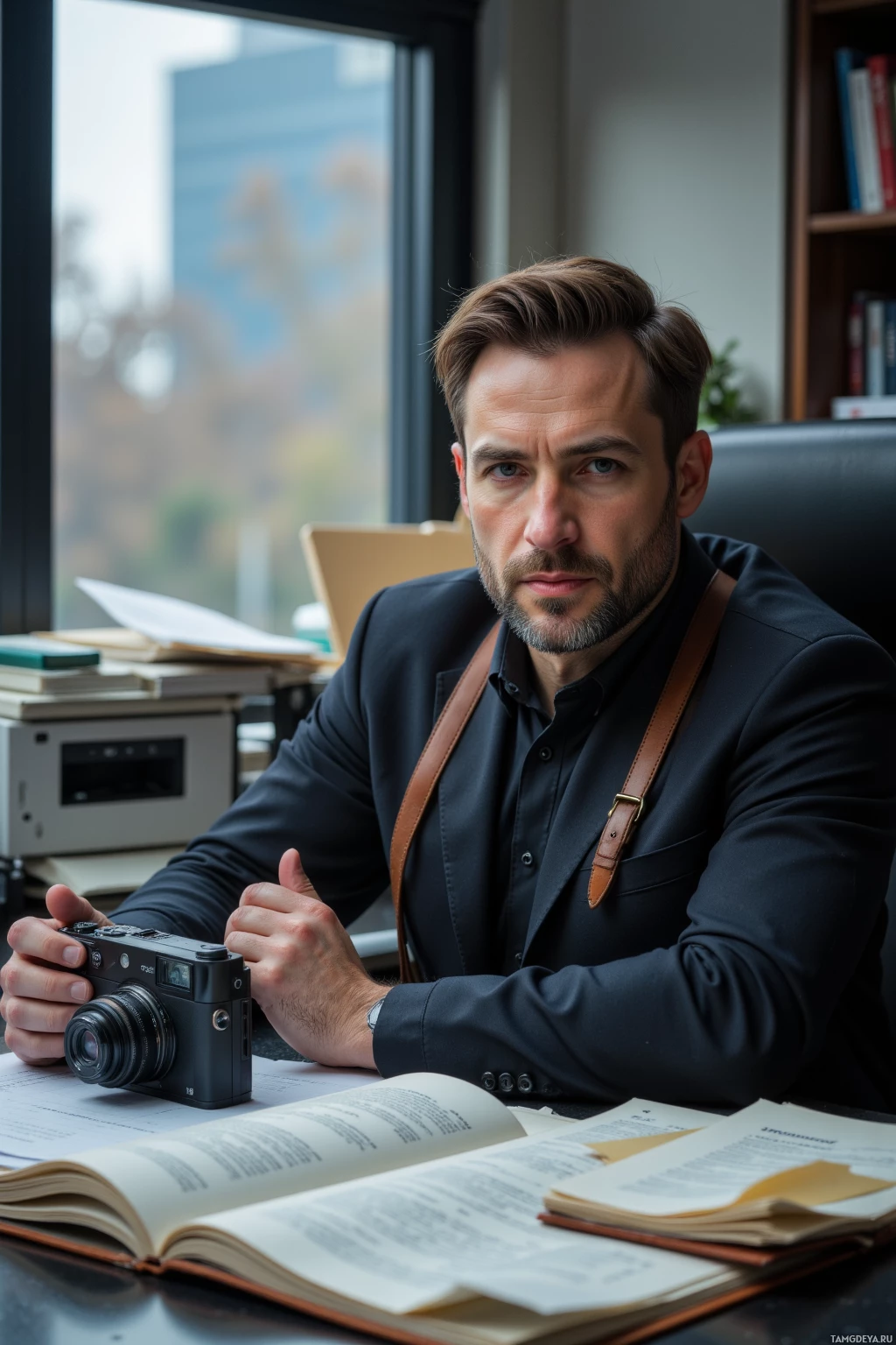 A man in a suit sits at a desk with a camera and books, looking directly at the camera.