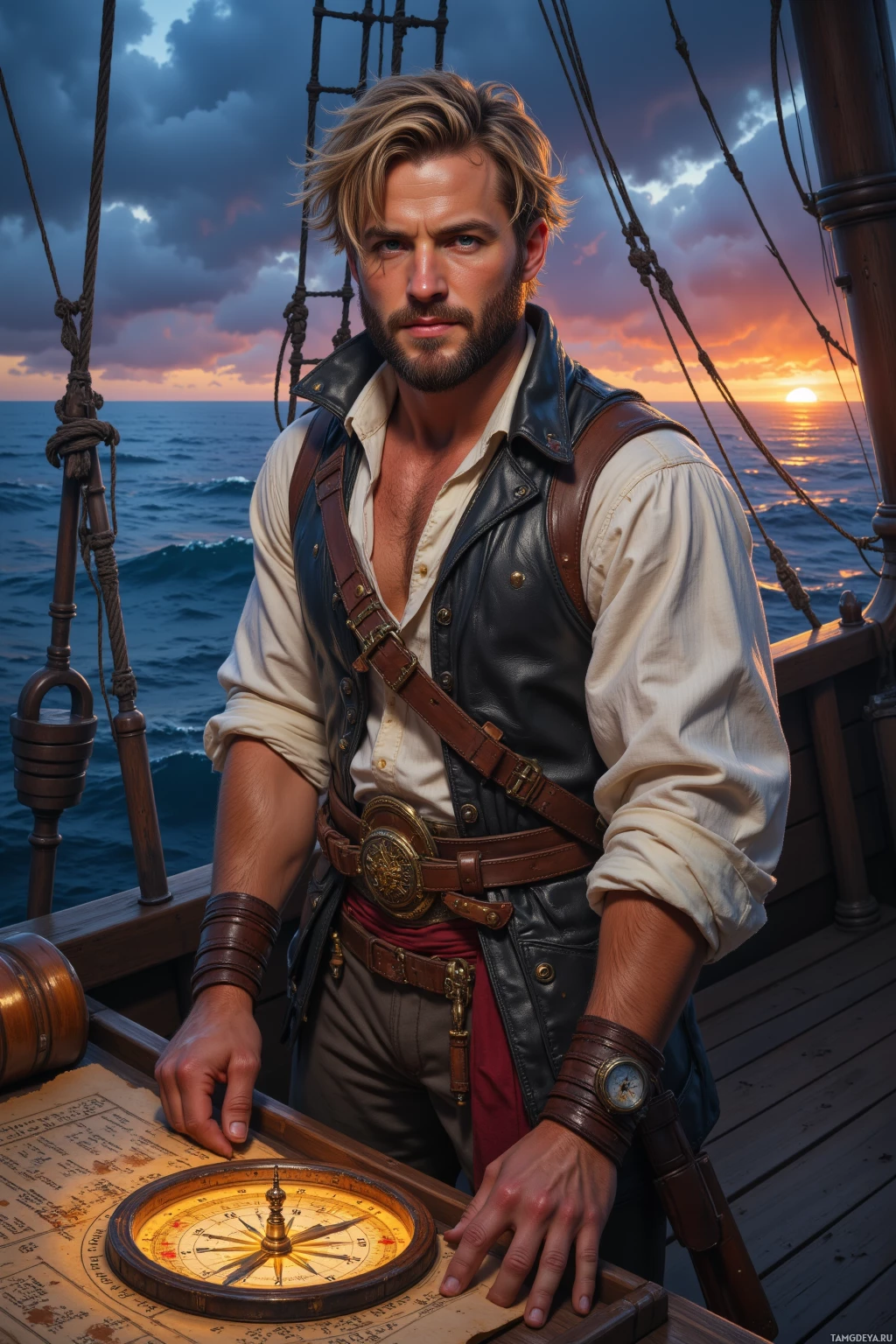 A pirate stands on a ship at sunset, holding a compass.