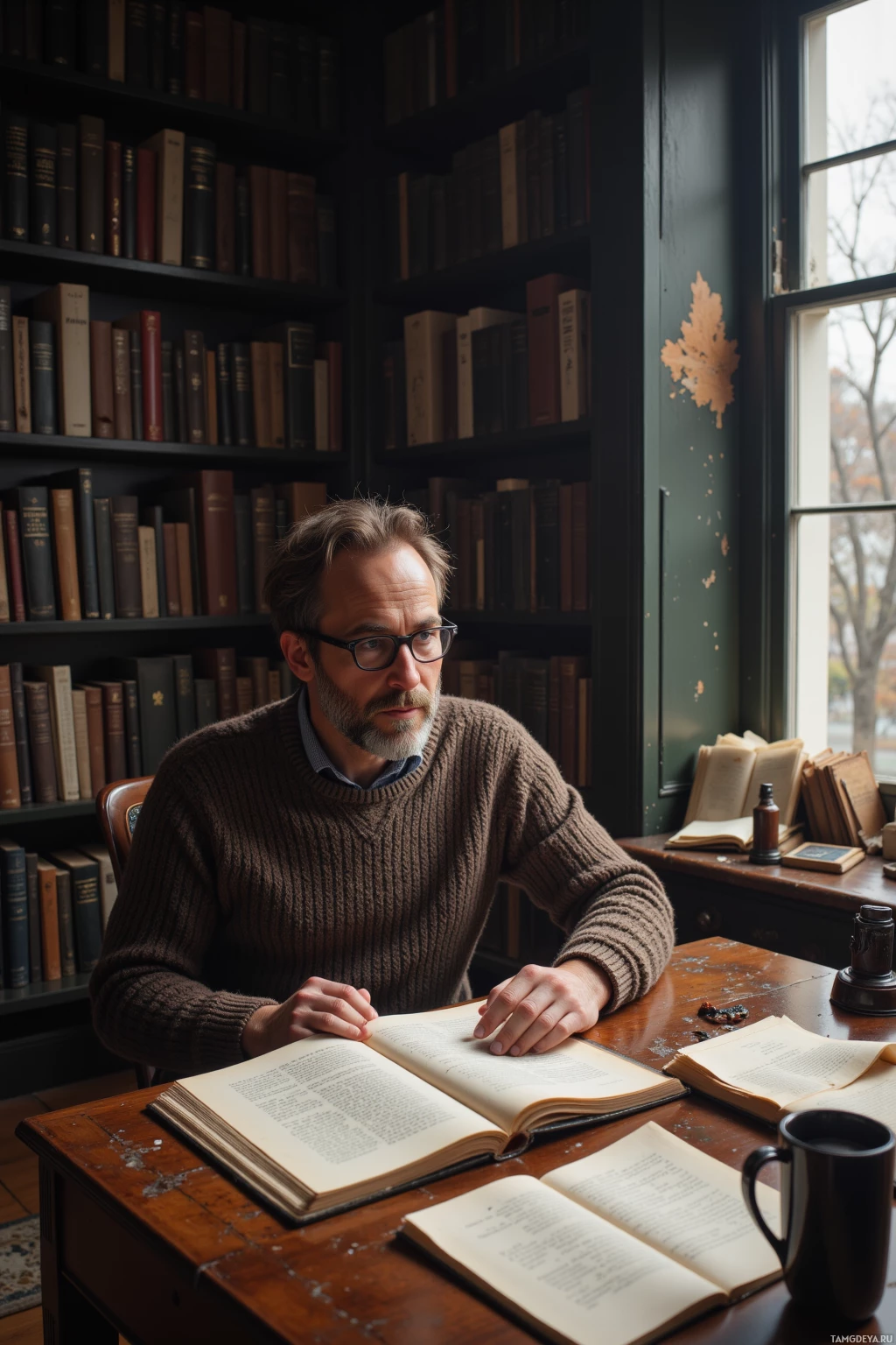 A man sits at a desk in a library, reading an open book.