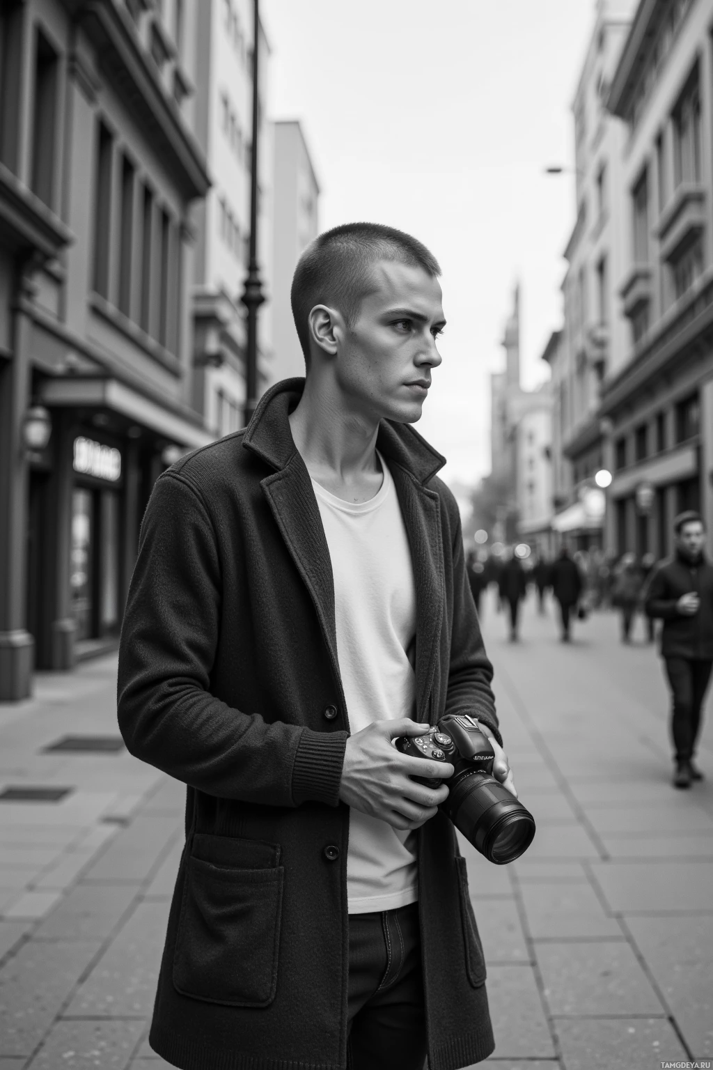 A person stands on a city street holding a camera, dressed in a coat and white shirt.