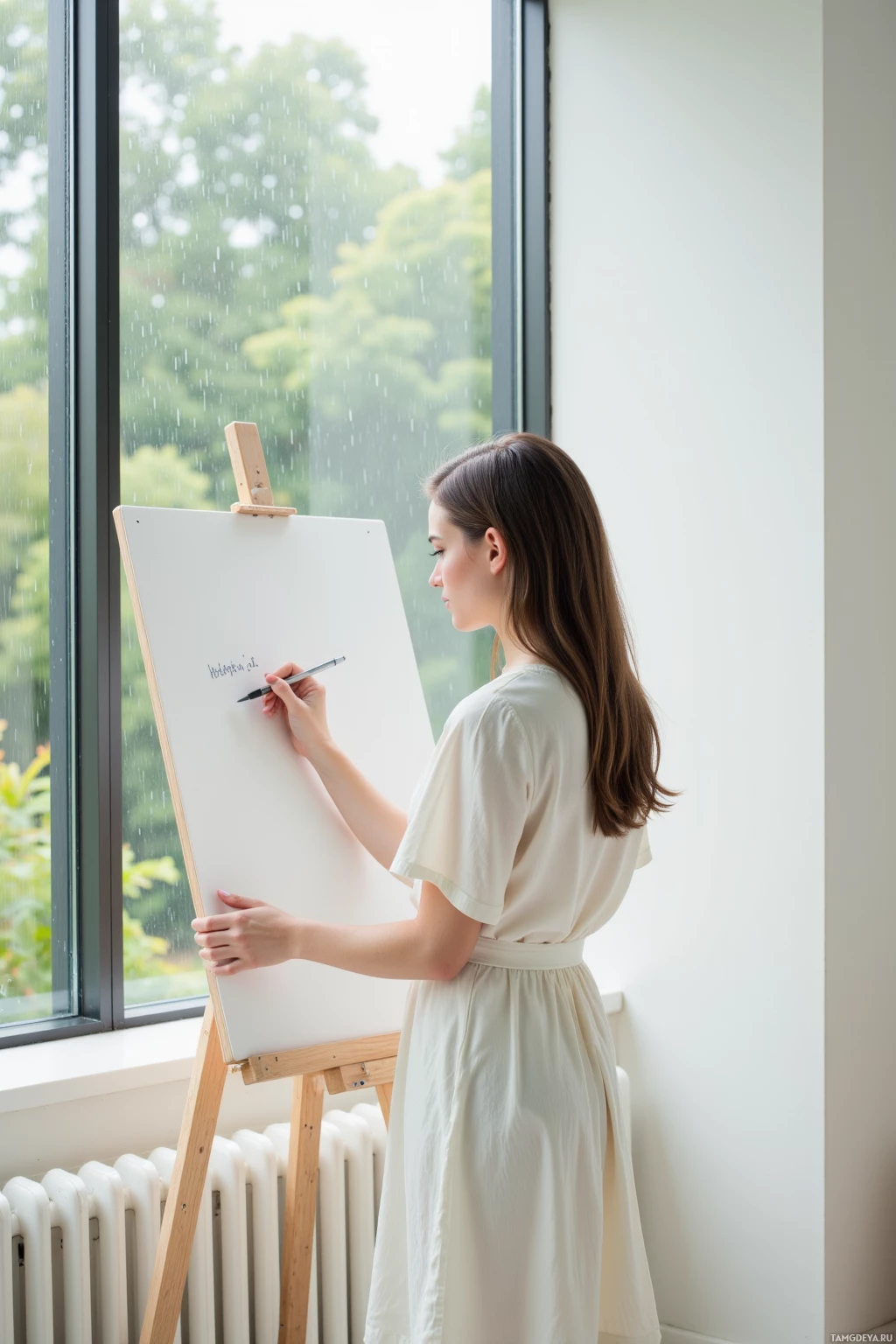 A woman in a white dress is writing on a blank canvas with a pencil.