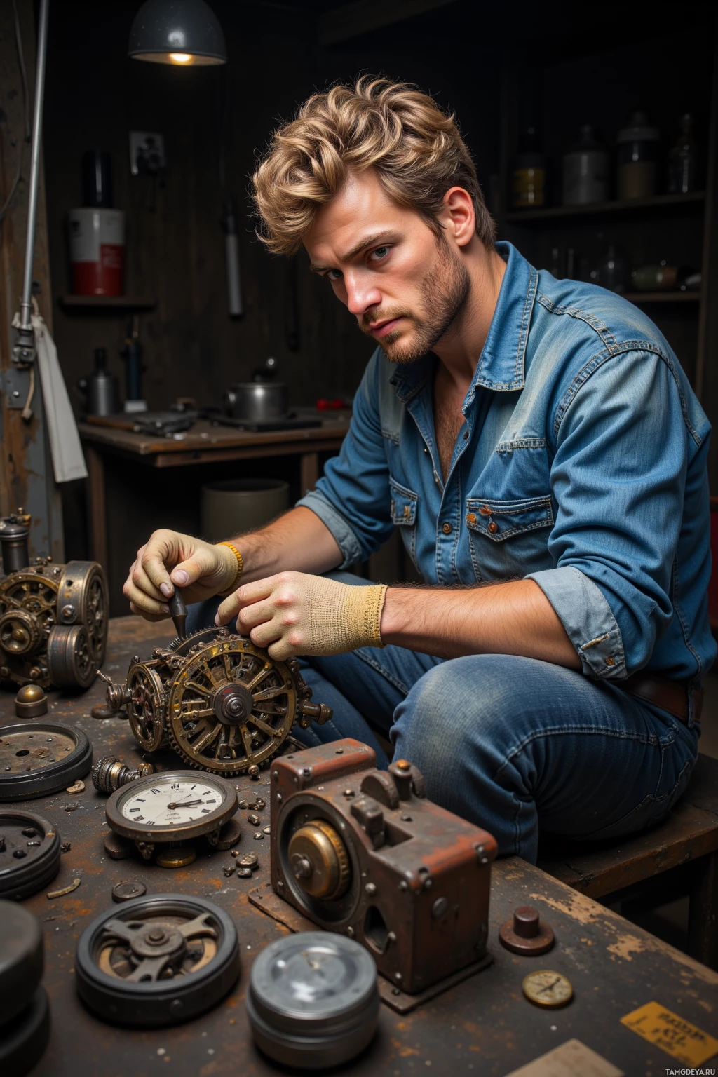 A man in a workshop is working on a mechanical device.