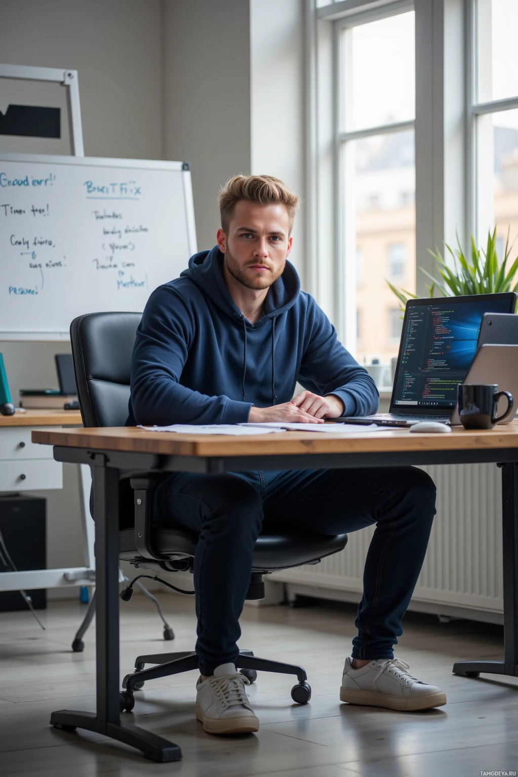 A person sits at a desk in a modern office, wearing a hoodie and jeans, with a laptop and whiteboard in the background.