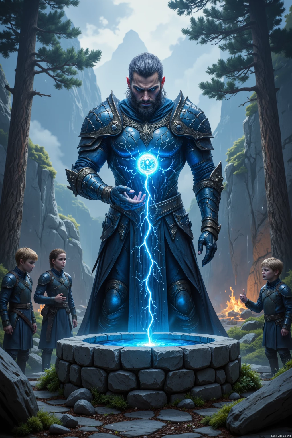 A man in blue armor stands beside a glowing blue pool, with two children observing in a mountainous landscape.
