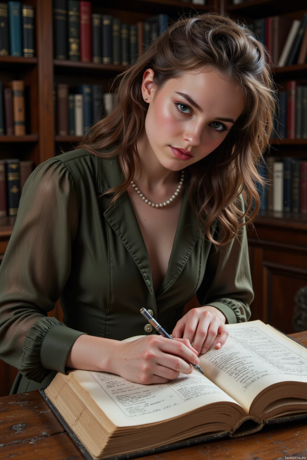 A woman in a green blouse is writing in a book at a desk.