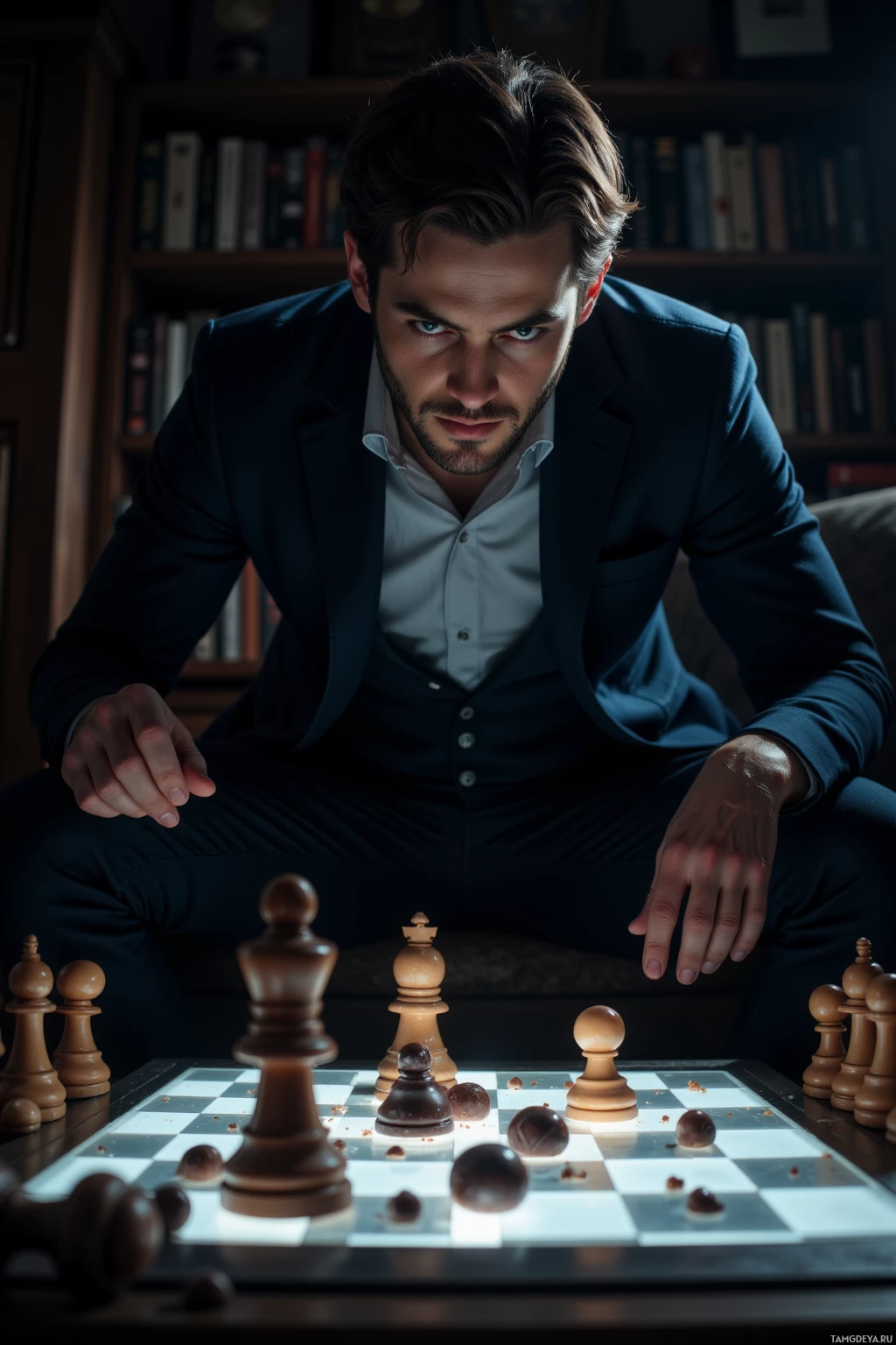 A man in a suit is deeply focused on a chessboard.