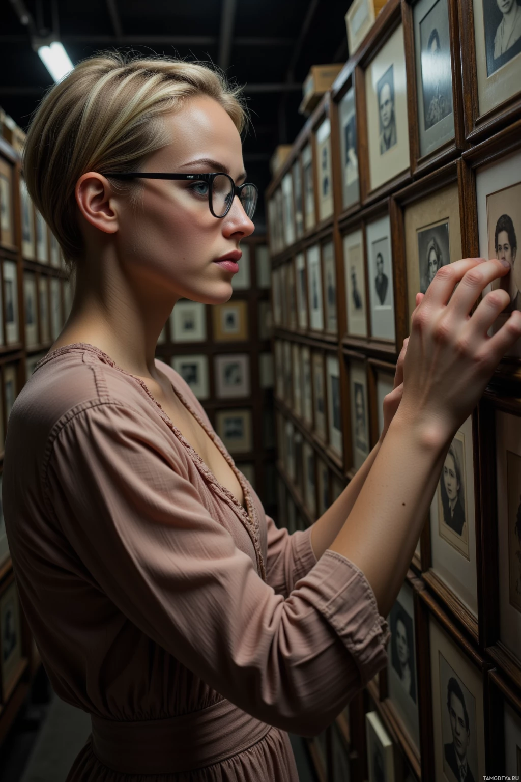 A woman in a brown dress and glasses stands in front of a wall of framed portraits.