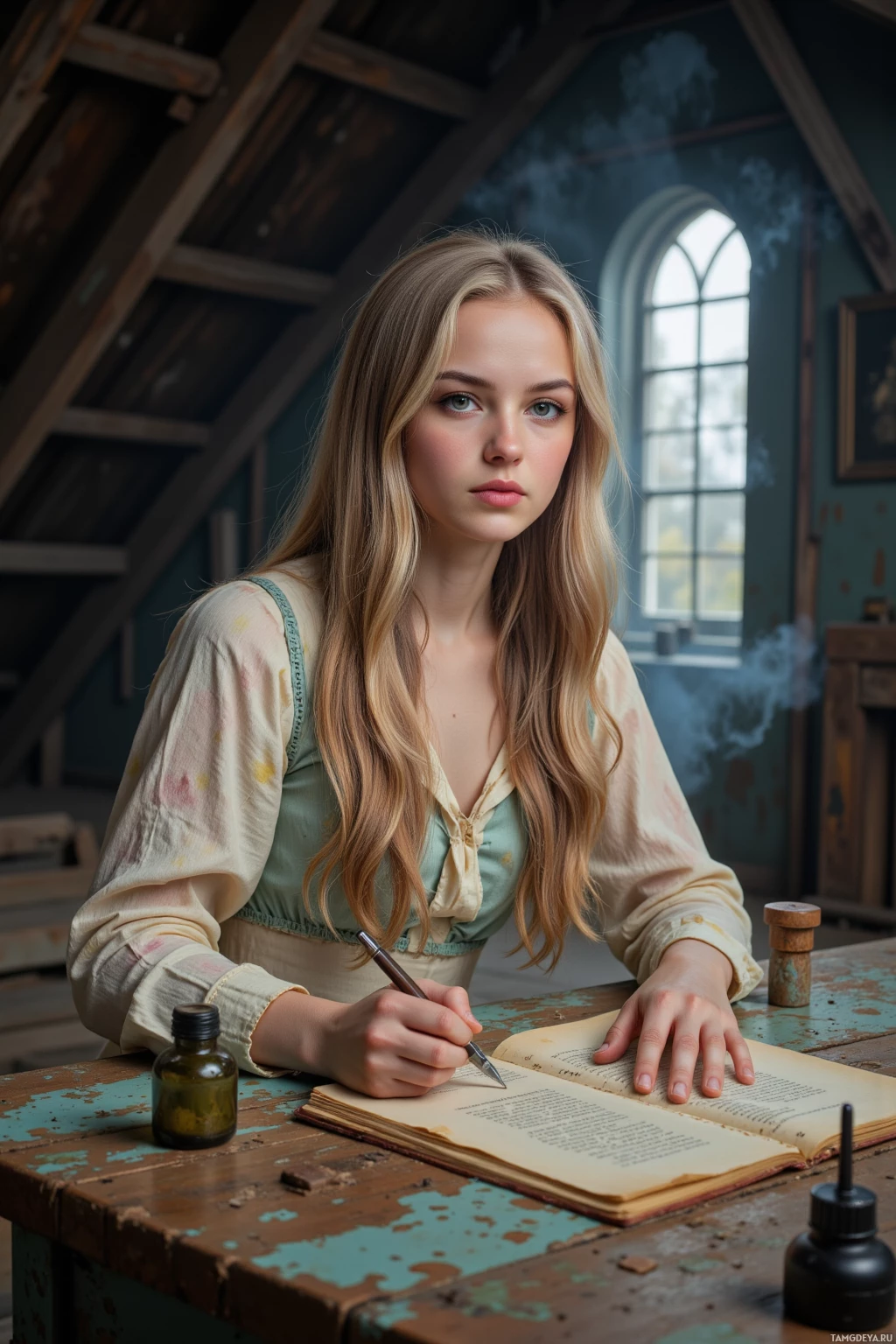 A young woman is writing in a book at a rustic table.