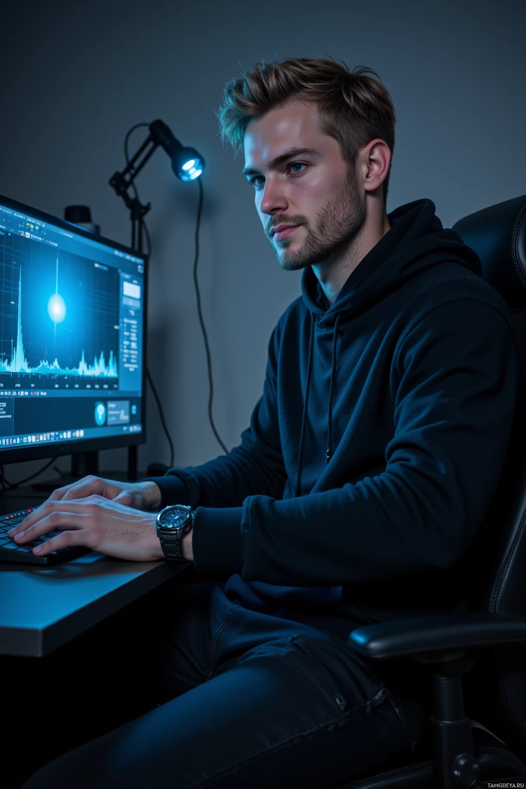 A person in a dark hoodie sits at a desk, working on a computer with a focused expression.