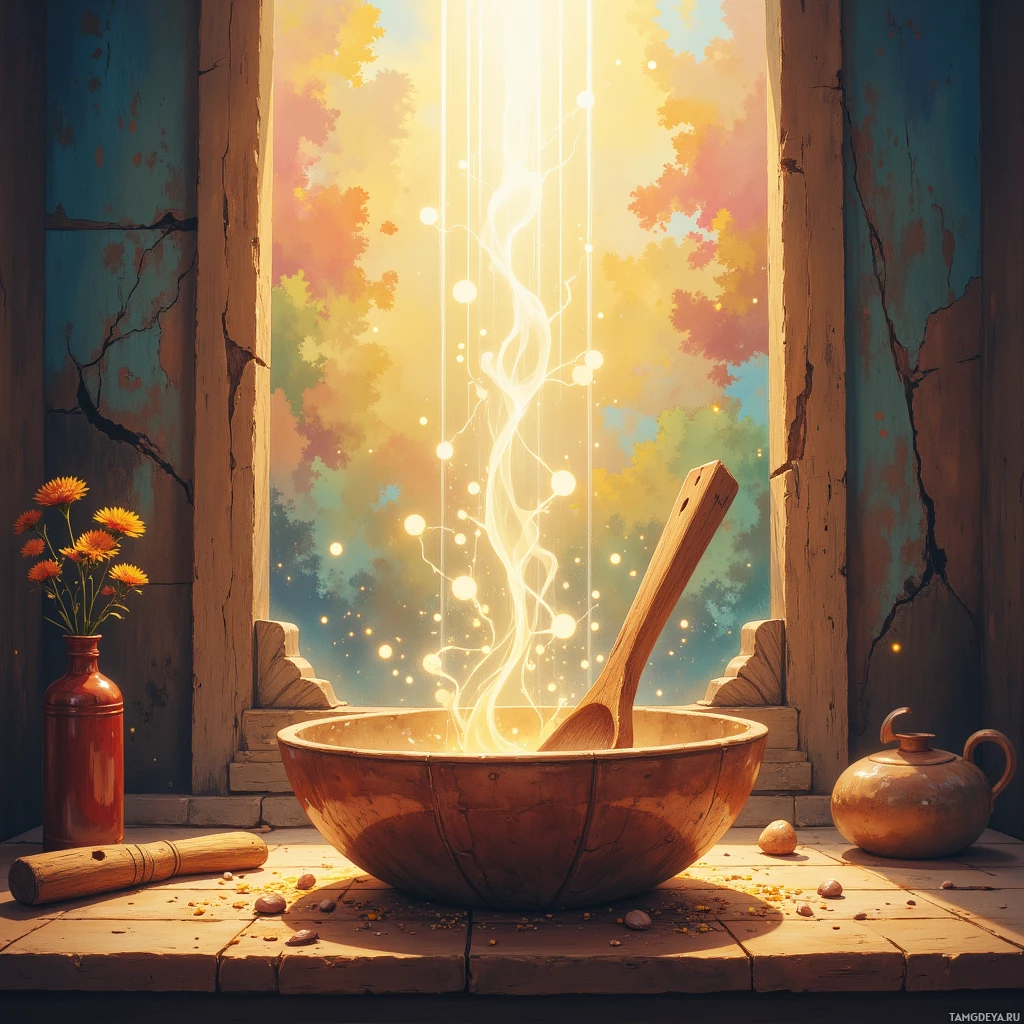 A rustic scene with a wooden bowl, a spoon, a teapot, and a vase of flowers on a windowsill bathed in golden light.