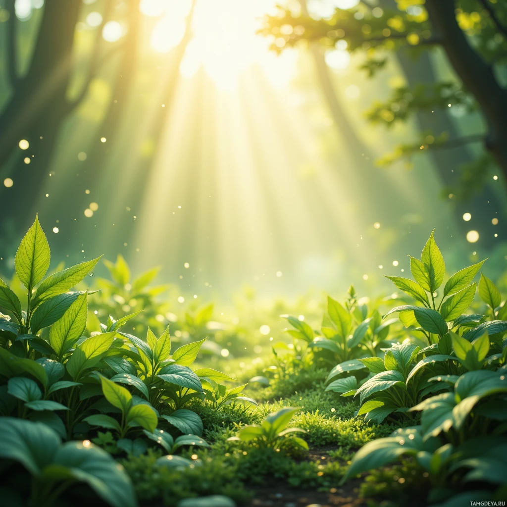 A serene forest scene with sunlight filtering through the trees, casting a warm glow on lush green foliage.