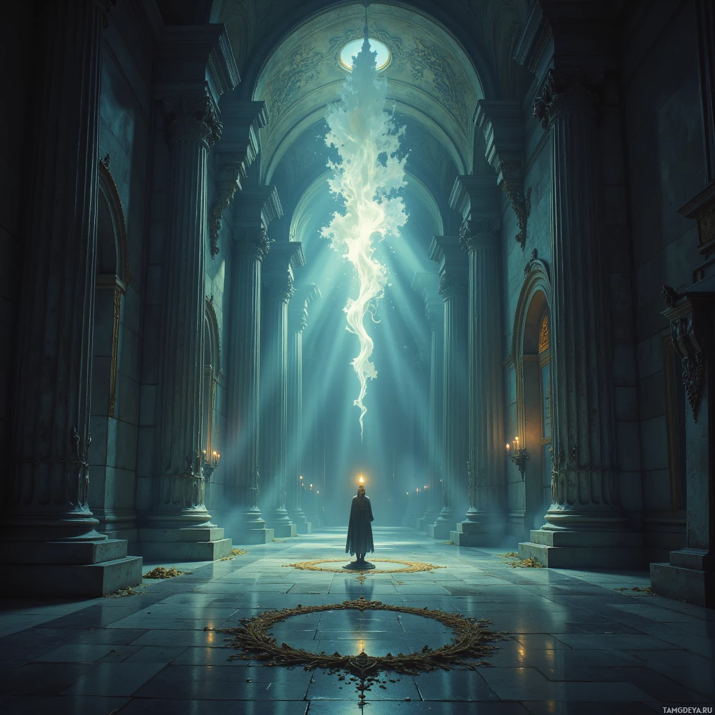 A grand, dimly lit hall with tall columns and a glowing figure at the center.