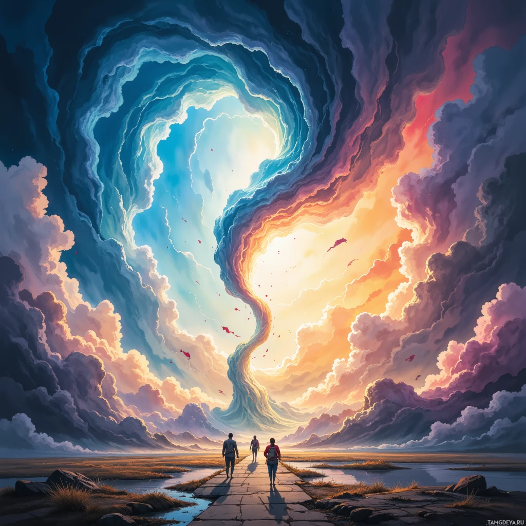 Three figures walk along a path towards a swirling, colorful sky.