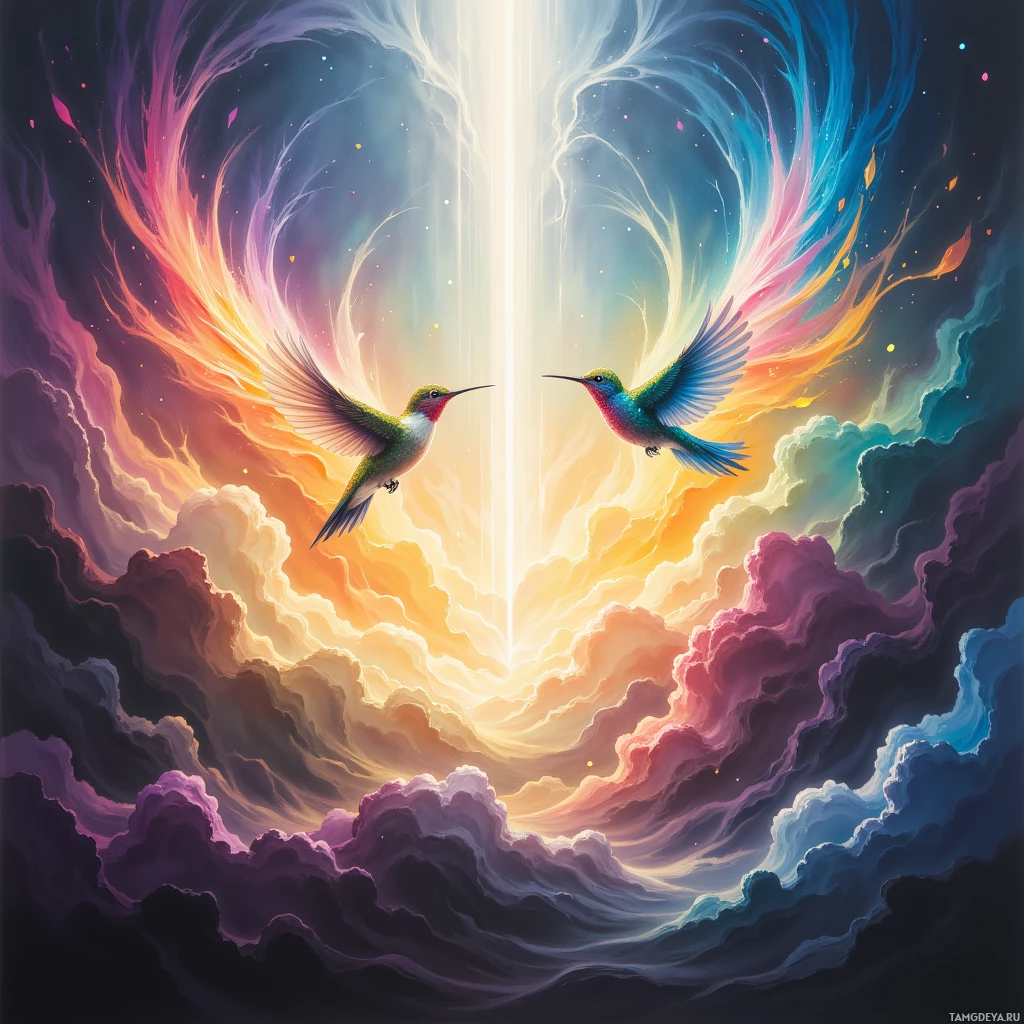 Two vibrant hummingbirds soar amidst a colorful, ethereal sky with swirling clouds and a radiant light beam.