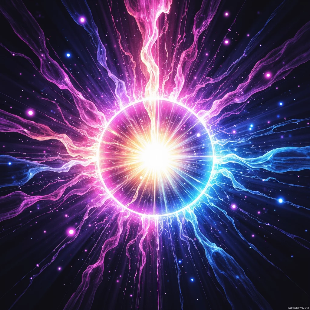 A vibrant cosmic scene with a central bright light emitting radiant beams and ethereal energy strands in shades of purple, pink, and blue.