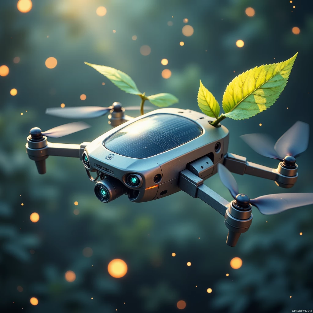 A drone with a solar panel and a plant growing from it is flying in a glowing, ethereal environment.