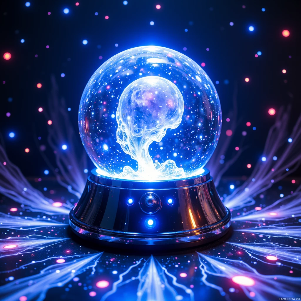 A glowing crystal ball with a skull inside, surrounded by colorful lights and tendrils.