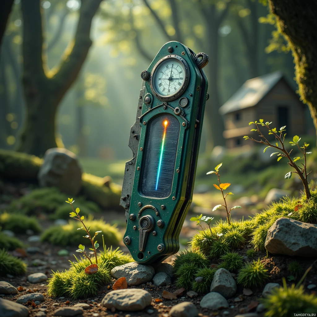 A steampunk-style clock with a glowing needle sits in a forest clearing surrounded by moss and rocks.