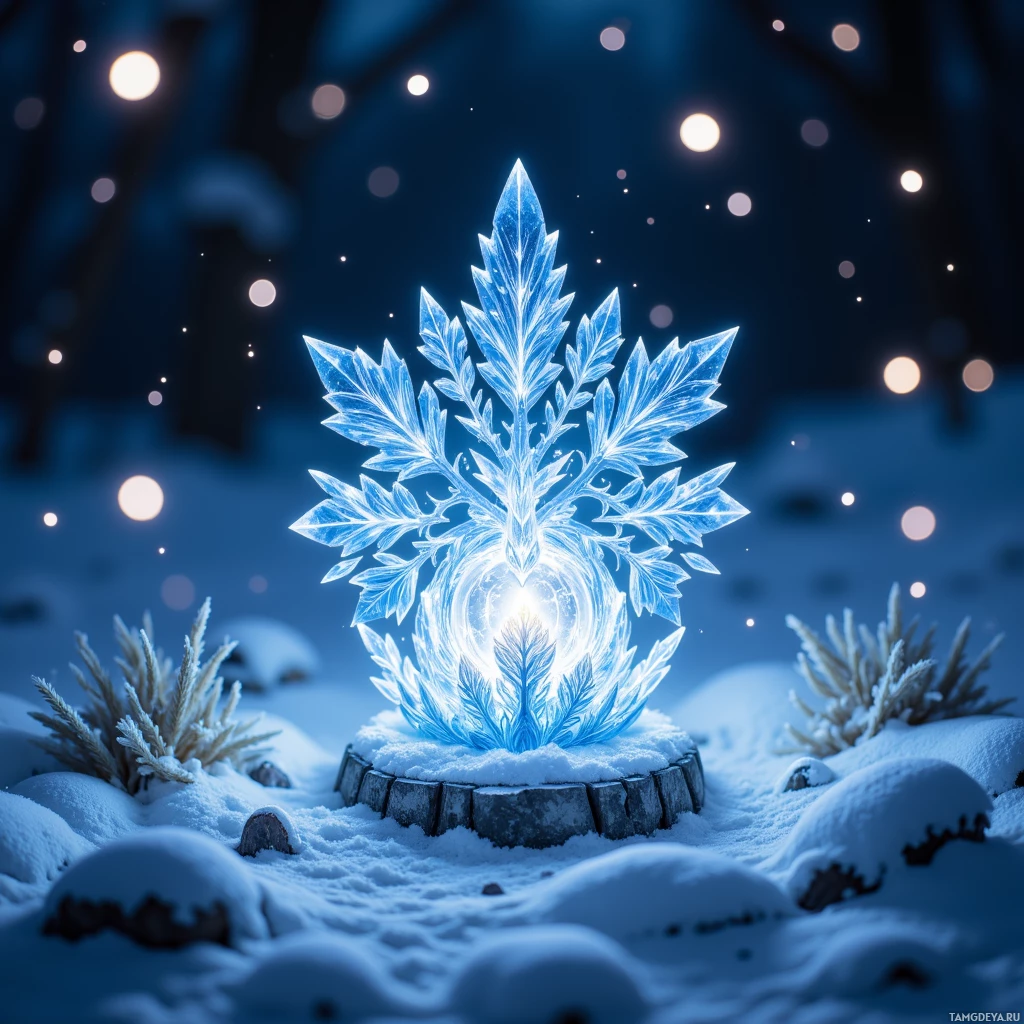 A glowing, intricate snowflake sits atop a snowy log in a serene winter landscape.