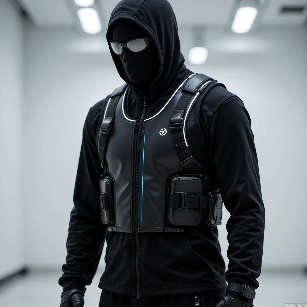 A person in a black hooded outfit with a tactical vest and gloves.