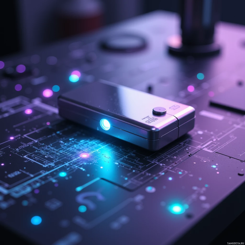 A futuristic device with glowing lights rests on a circuit board.