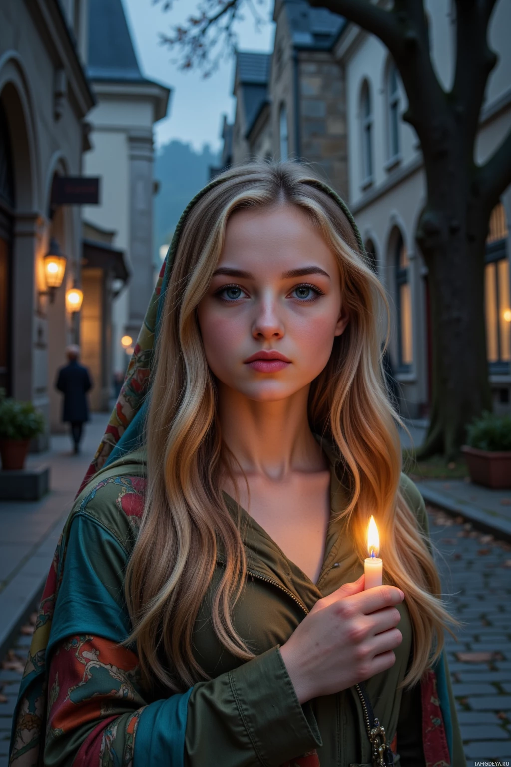 A person with long blonde hair holds a lit candle in a street scene with buildings and a tree.