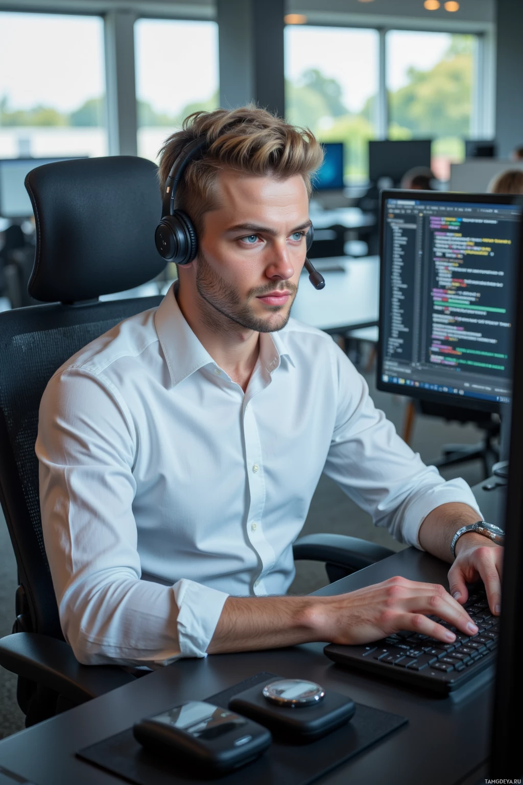 A man wearing a headset works at a computer in an office setting.