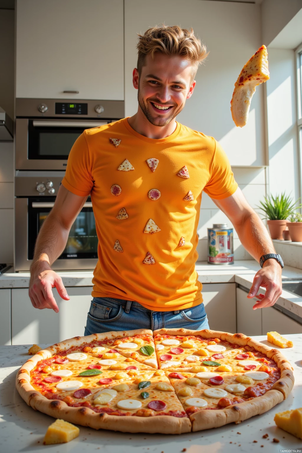 A man in a kitchen wearing a pizza-themed shirt stands with a large pizza on the counter.
