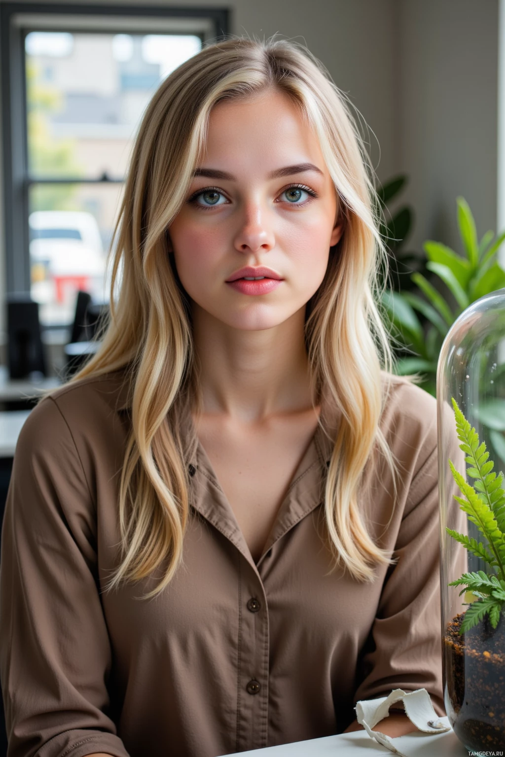 A person with long blonde hair wearing a brown shirt sits indoors near a glass terrarium with a plant.