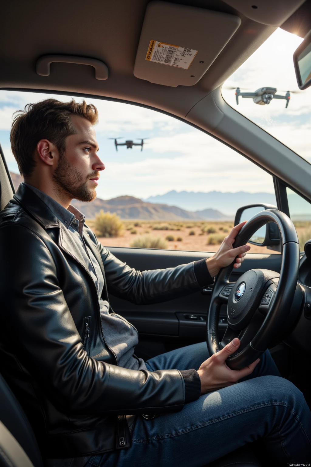 A man in a leather jacket drives a car in a desert landscape with a drone flying outside.