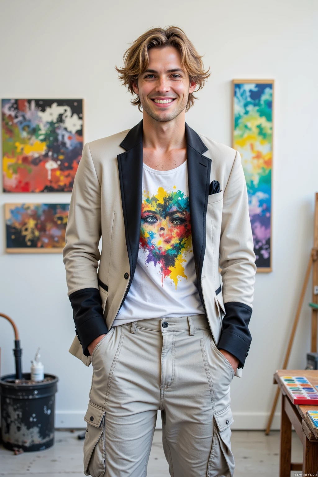 A man stands in an art studio, wearing a beige blazer and a white t-shirt with a colorful face design, smiling.